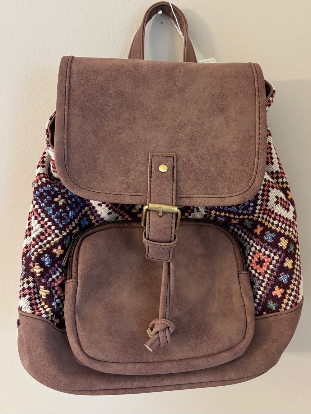 Lily Queen Boho Tapestry Small Backpack Purse Brown Faux Leather Tribal Print NW